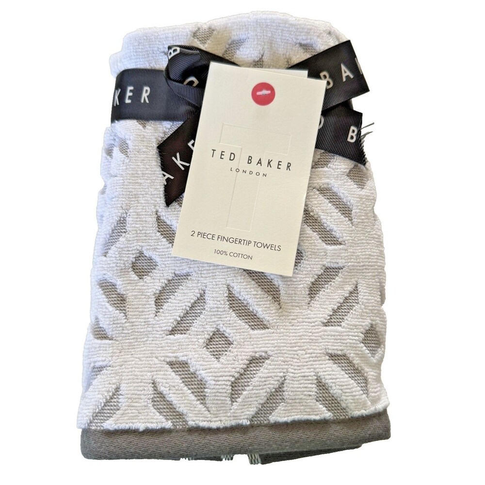 Ted Baker London Fingertip Towels White Gray 100% Cotton Set of 2 Textured Lux